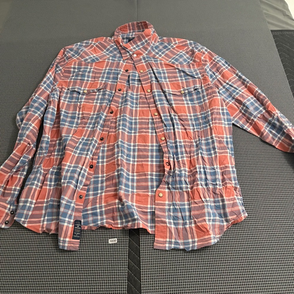 Lucky Brand Saturday‎ Stretch Mens XL Plaid Western Pearl Snap Shirt Coral Blue